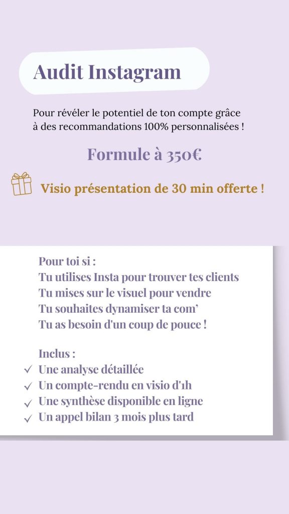 Description offre "Audit Instagram" proposée par Sabrina Georget, Conseillère en Stratégie Digitale