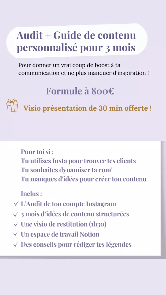 Description de l'Audit + guide de contenu pour 3 mois pour ne plus être en panne d'inspiration sur son contenu Instagram.